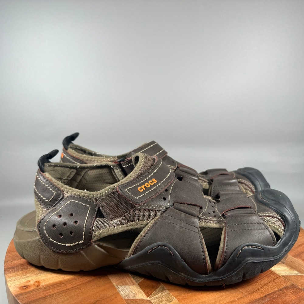 Crocs Swiftwater Leather Fisherman Sandals Mens 10 Brown Espresso 204562